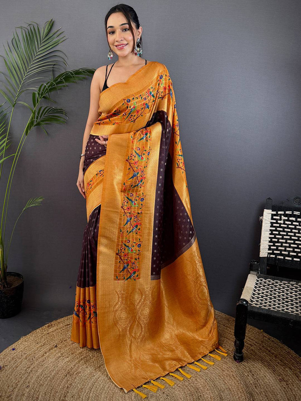 Mustard Soft Silk Saree with Floral Weaving & Contrast Brown Polka Dot Pallu