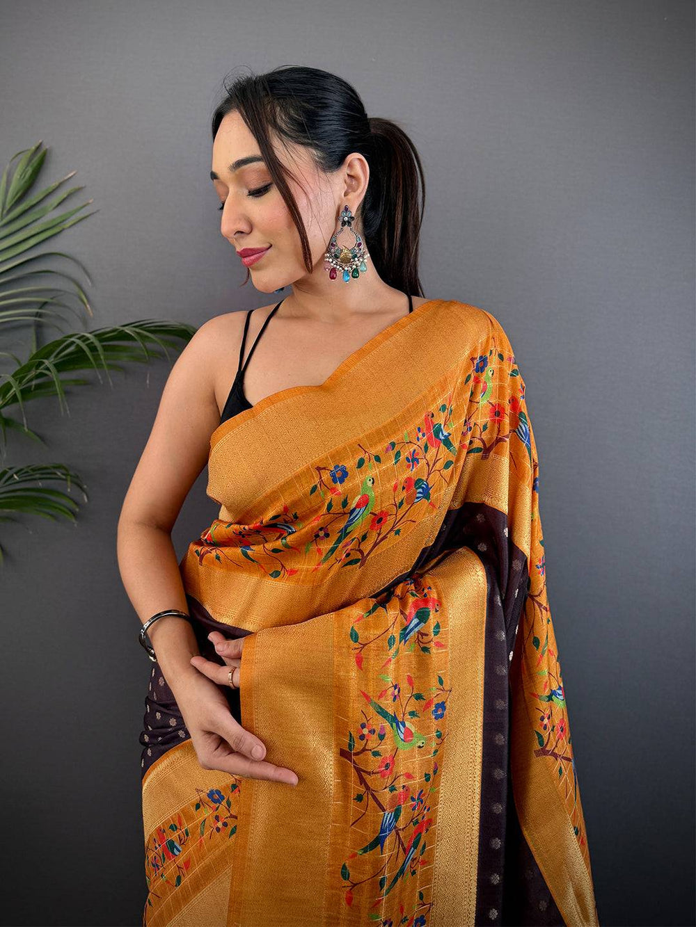 Mustard Soft Silk Saree with Floral Weaving & Contrast Brown Polka Dot Pallu