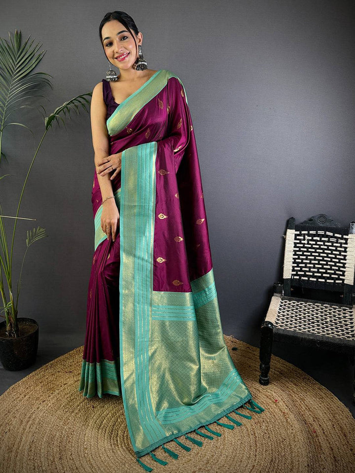 Wine Purple Soft Silk Saree with Mint Green Silver Zari Border