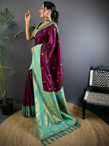 Wine Purple Soft Silk Saree with Mint Green Silver Zari Border