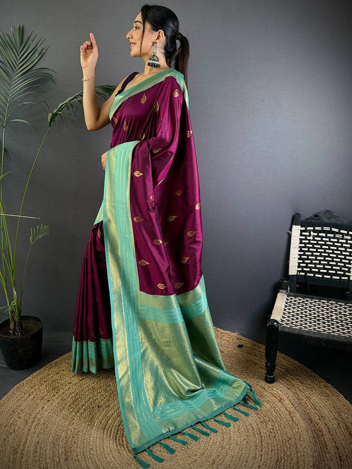 Wine Purple Soft Silk Saree with Mint Green Silver Zari Border