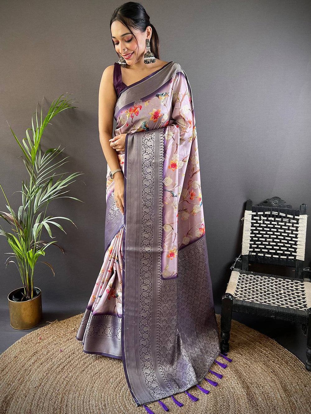 Lavender Floral Banarasi Silk Saree with Woven Zari Border & Tassels