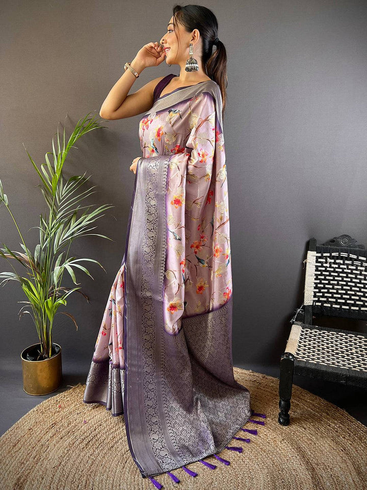 Lavender Floral Banarasi Silk Saree with Woven Zari Border & Tassels
