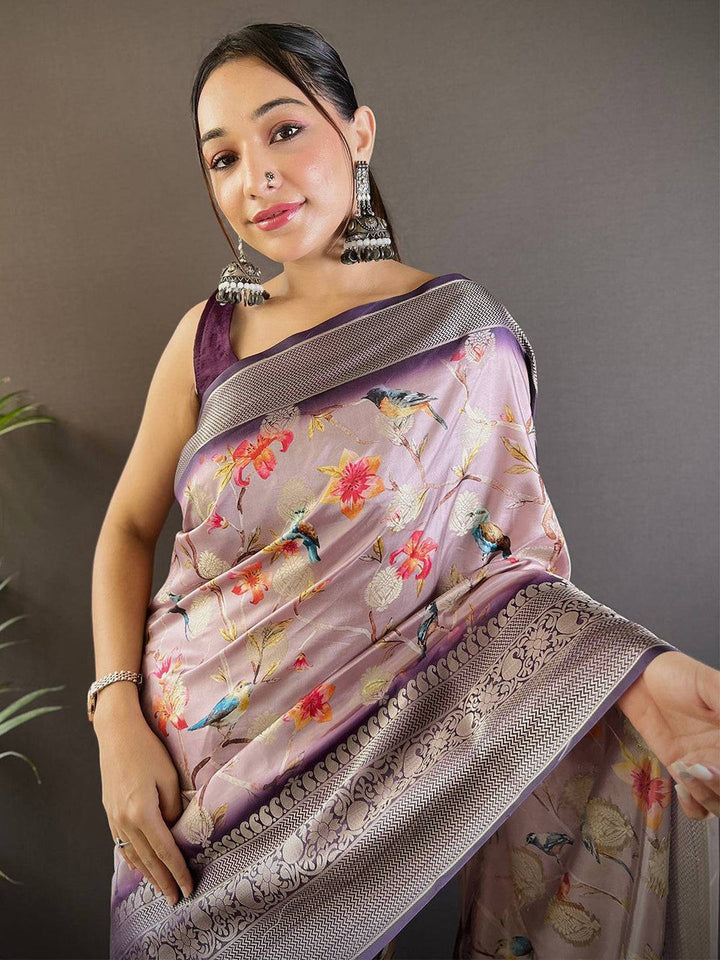 Lavender Floral Banarasi Silk Saree with Woven Zari Border & Tassels