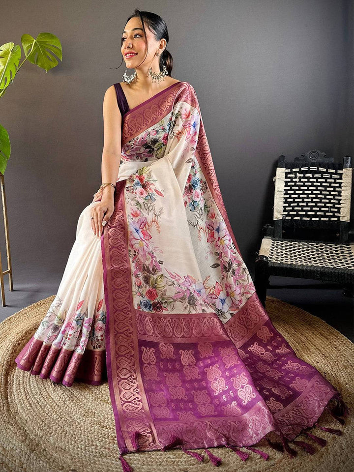 Cream & Wine Floral Banarasi Silk Saree with Zari Border & Tassels