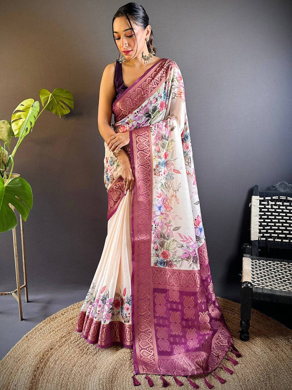 Cream & Wine Floral Banarasi Silk Saree with Zari Border & Tassels