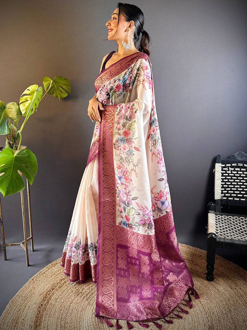 Cream & Wine Floral Banarasi Silk Saree with Zari Border & Tassels