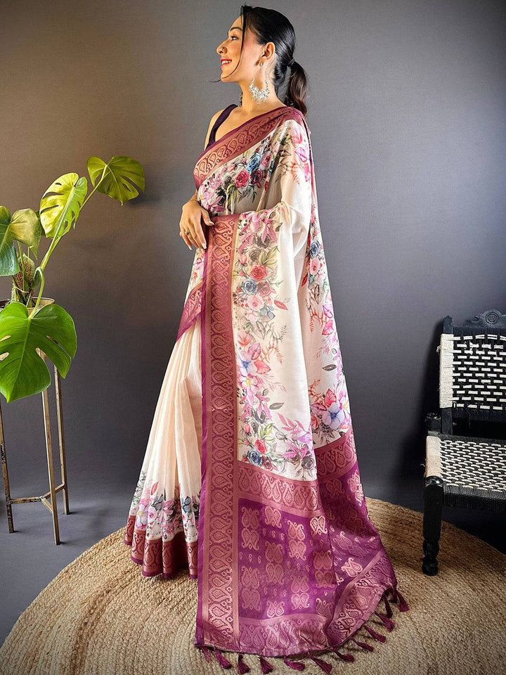 Cream & Wine Floral Banarasi Silk Saree with Zari Border & Tassels