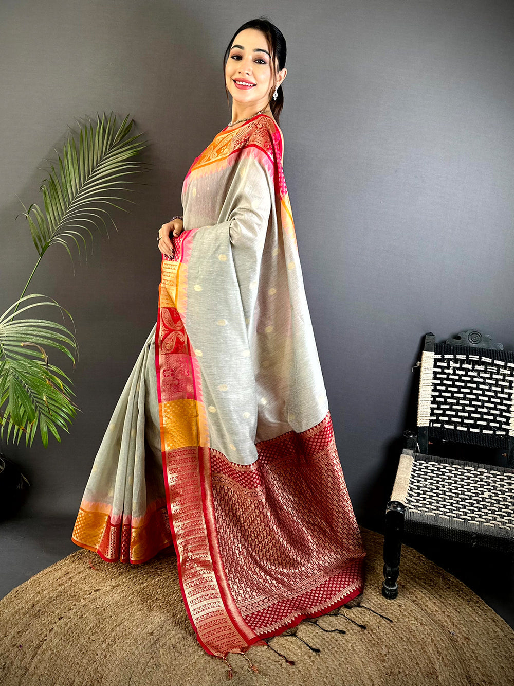 Grey Soft Silk Saree with Multicolor Patchwork Border & Rich Red Zari Pallu