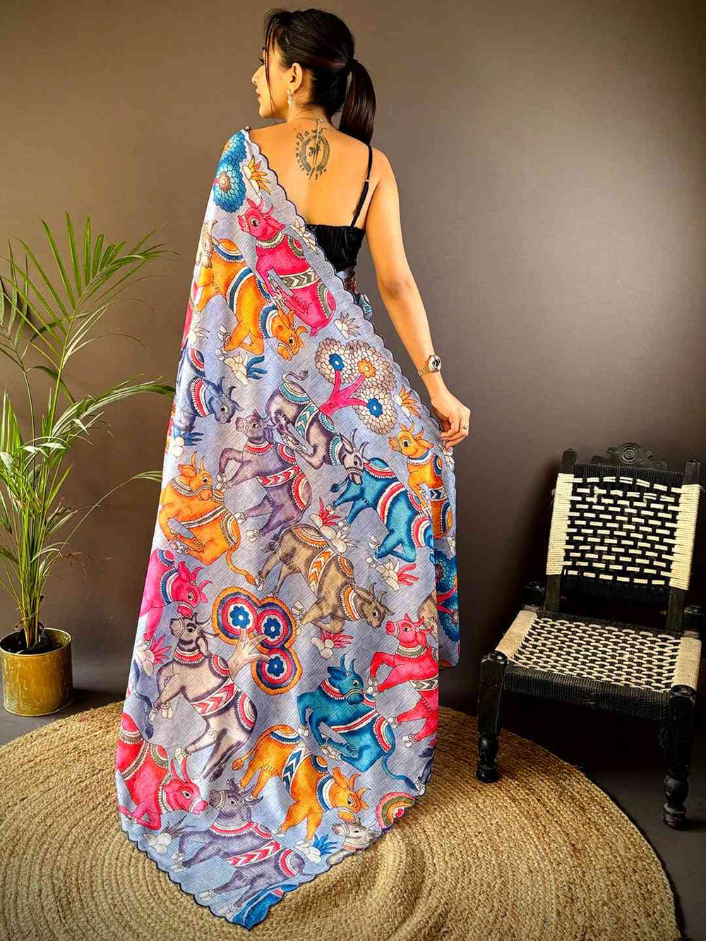 Navy Blue Kalakari Art Printed Soft Silk Saree with Scallop Border
