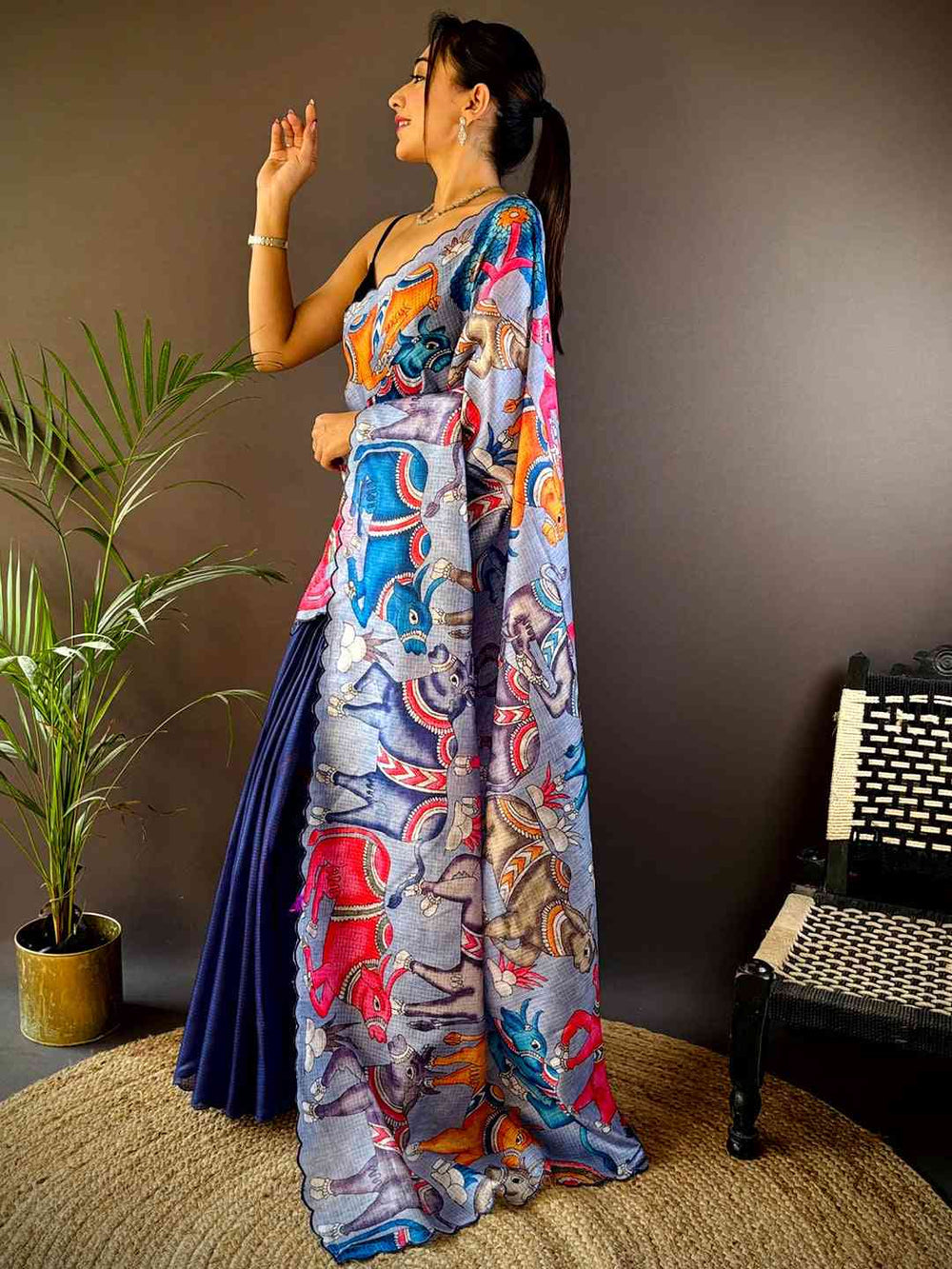 Navy Blue Kalakari Art Printed Soft Silk Saree with Scallop Border