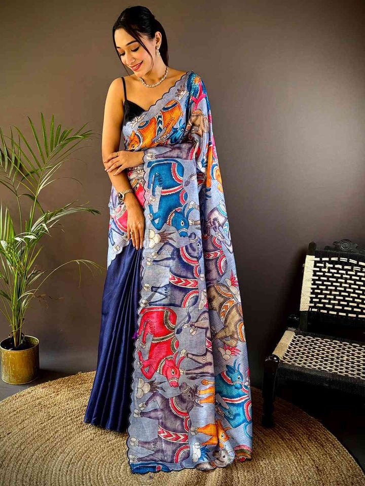 Navy Blue Kalakari Art Printed Soft Silk Saree with Scallop Border