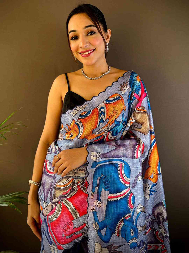 Navy Blue Kalakari Art Printed Soft Silk Saree with Scallop Border
