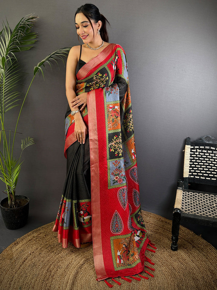 Black & Red Kalamkari Print Soft Silk Saree with Zari Border & Tassels