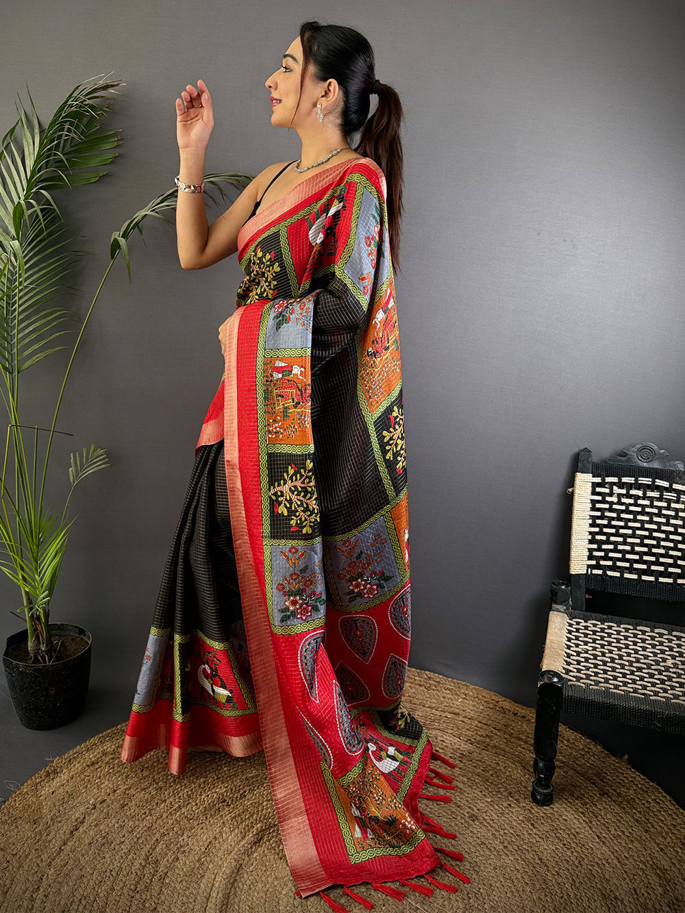 Black & Red Kalamkari Print Soft Silk Saree with Zari Border & Tassels