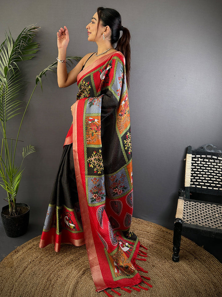 Black & Red Kalamkari Print Soft Silk Saree with Zari Border & Tassels