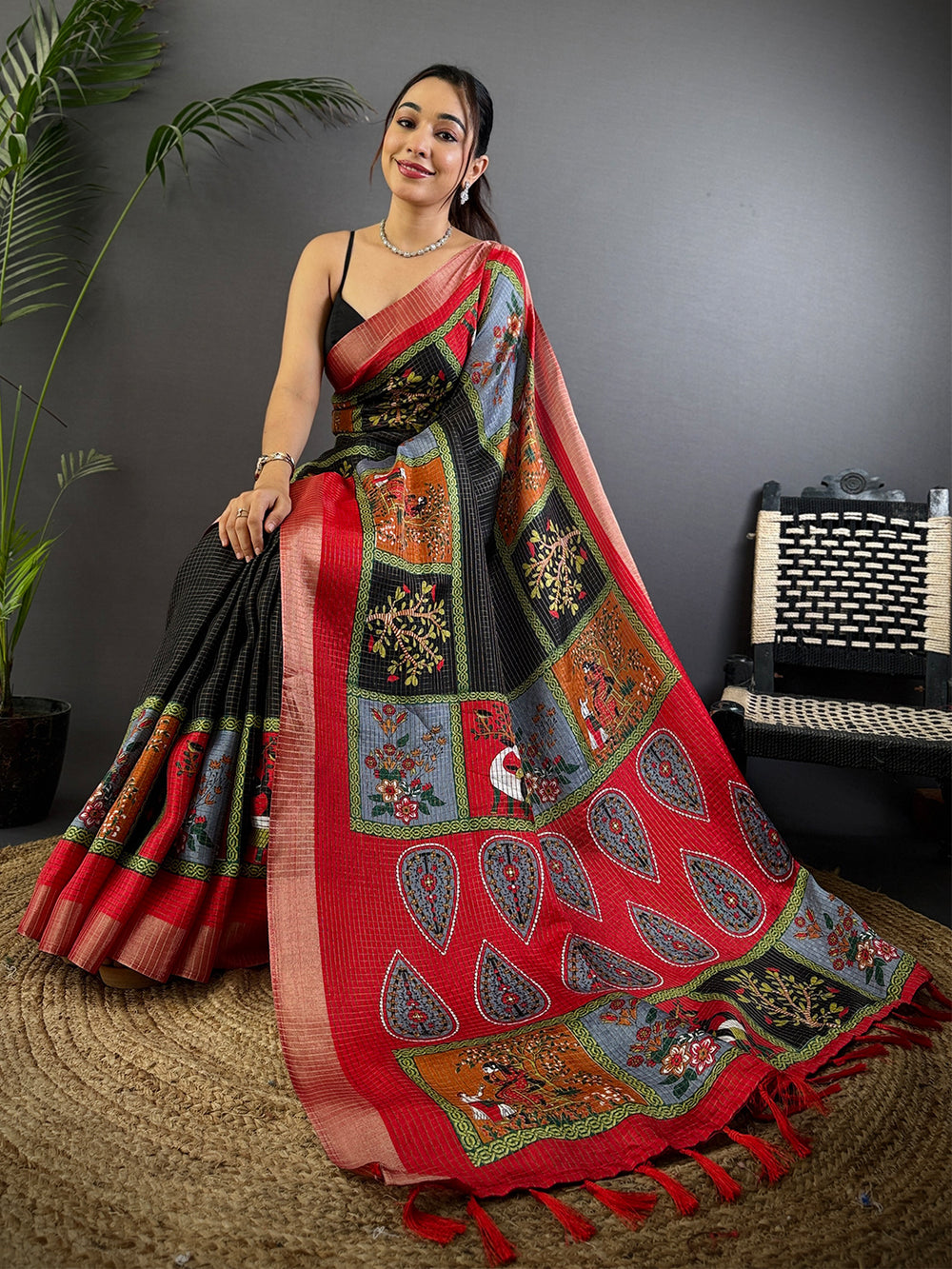 Black & Red Kalamkari Print Soft Silk Saree with Zari Border & Tassels