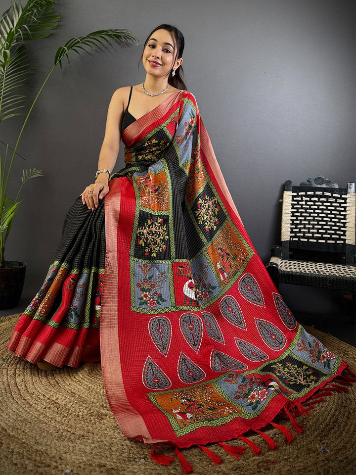 Black & Red Kalamkari Print Soft Silk Saree with Zari Border & Tassels