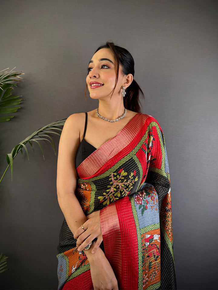 Black & Red Kalamkari Print Soft Silk Saree with Zari Border & Tassels