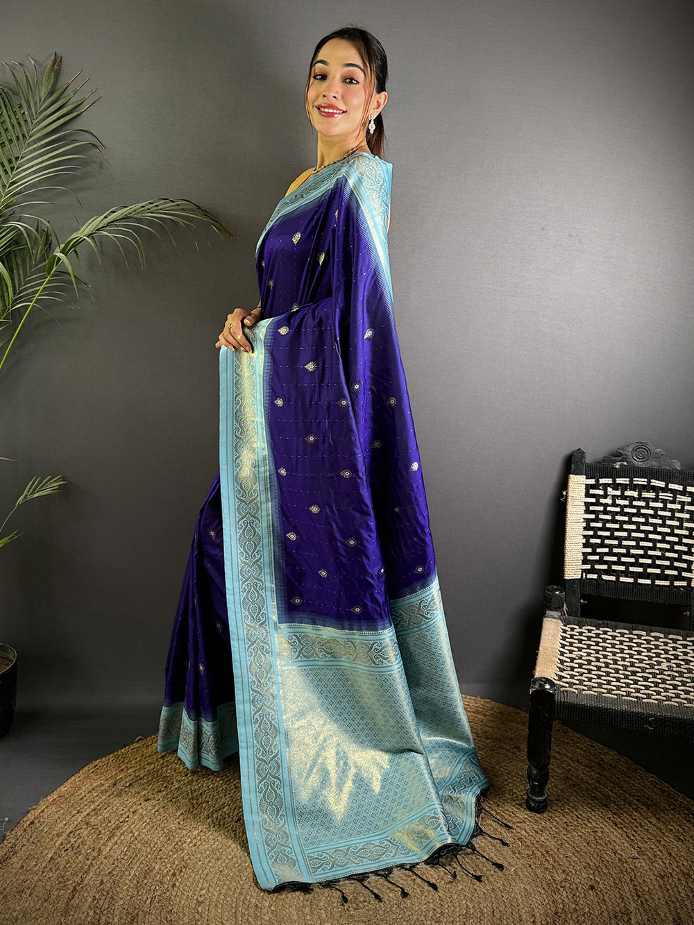 Navy Blue & Sky Blue Banarasi Silk Saree with Zari Weaving & Tassels