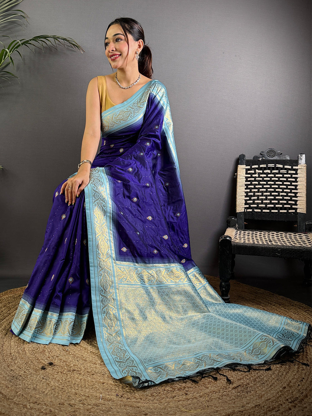 Navy Blue & Sky Blue Banarasi Silk Saree with Zari Weaving & Tassels