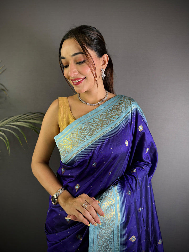 Navy Blue & Sky Blue Banarasi Silk Saree with Zari Weaving & Tassels