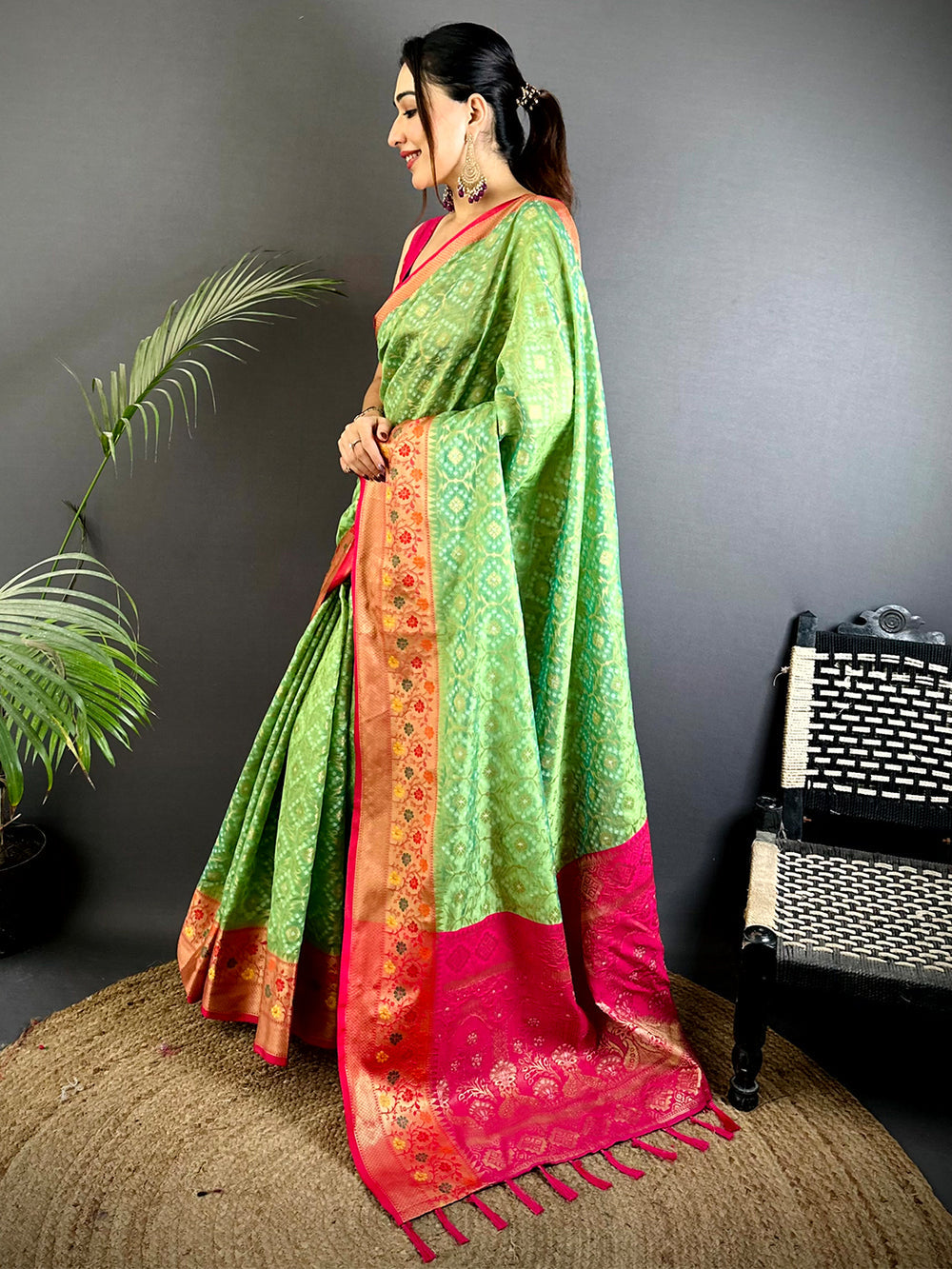 Green Bandhani Soft Silk Saree with Pink Floral Zari Border