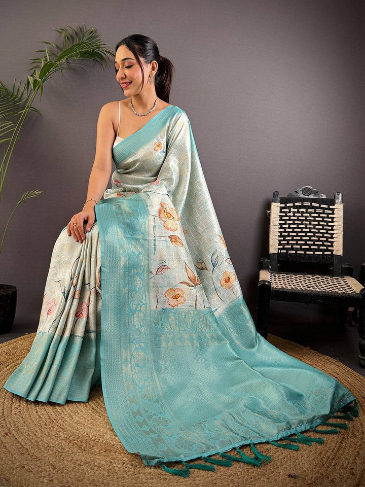 Mint Blue Soft Silk Saree with Subtle Floral Print & Zari Border