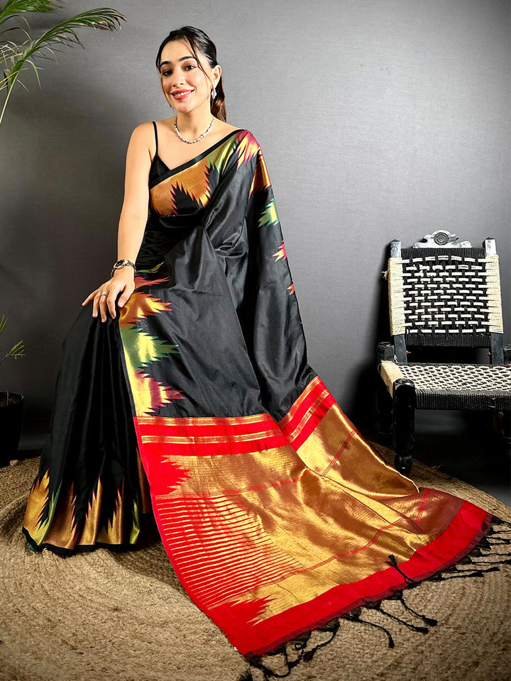 Black Ikat Banarasi Silk Saree with Red & Gold Zari Border