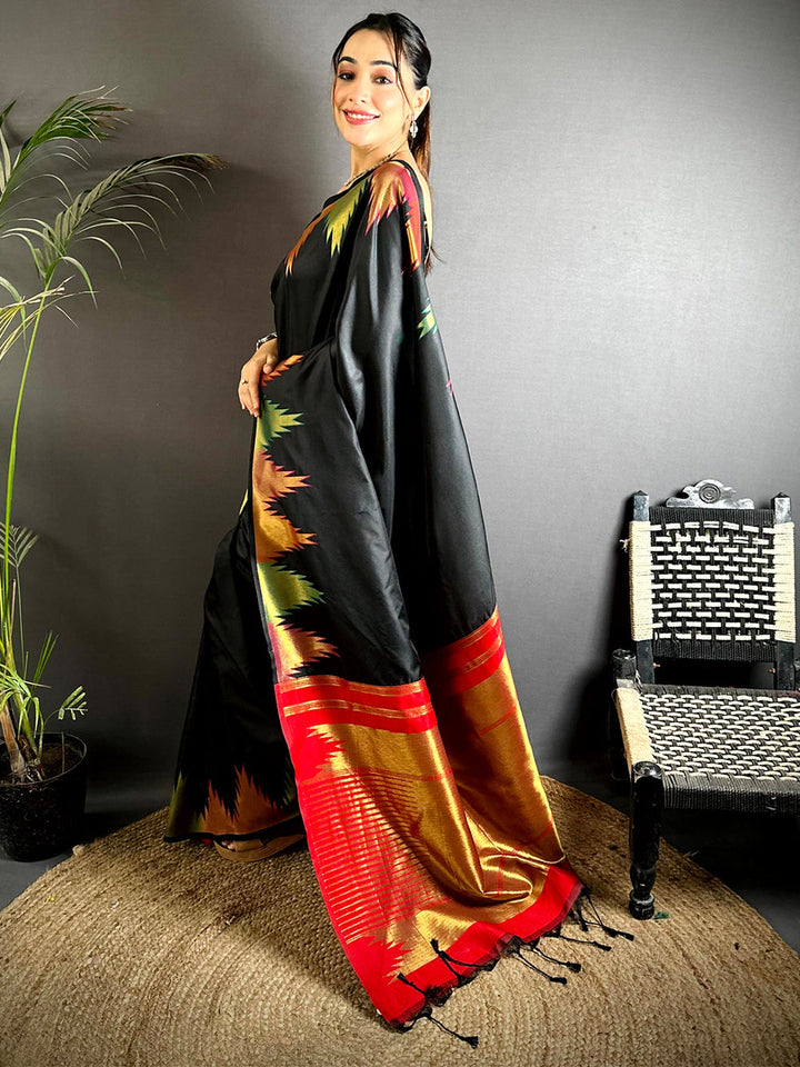 Black Ikat Banarasi Silk Saree with Red & Gold Zari Border