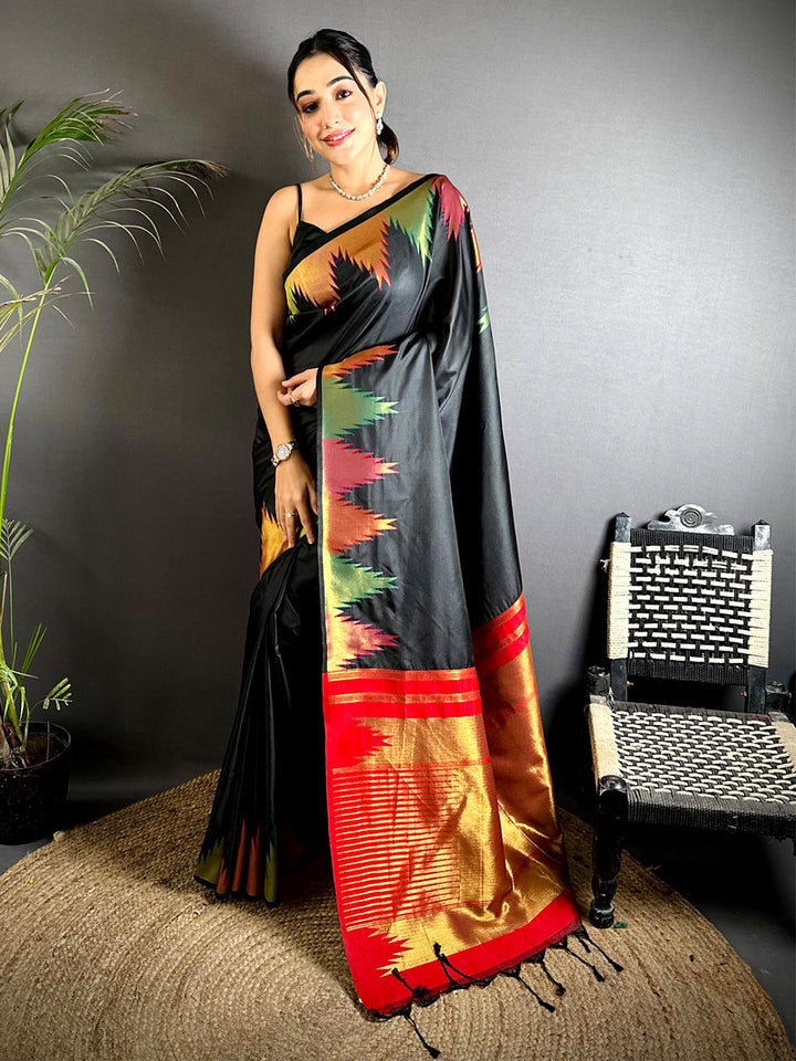 Black Ikat Banarasi Silk Saree with Red & Gold Zari Border
