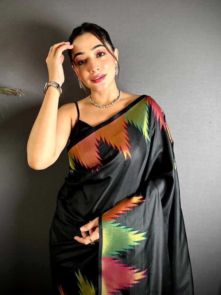 Black Ikat Banarasi Silk Saree with Red & Gold Zari Border