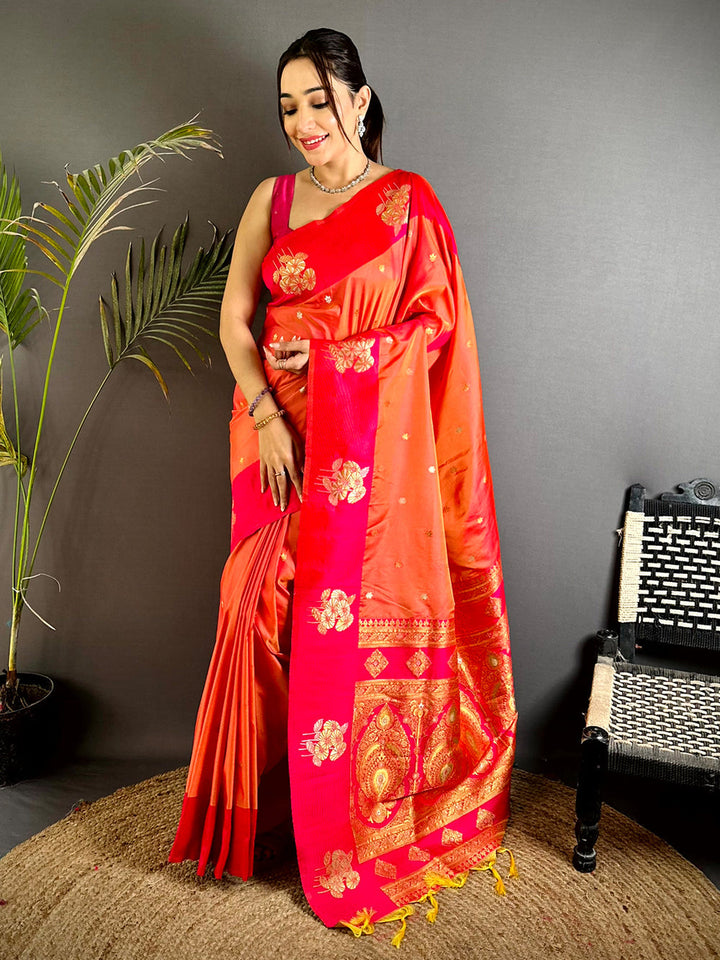 Orange & Red Banarasi Silk Saree with Golden Zari Weaving & Tassels