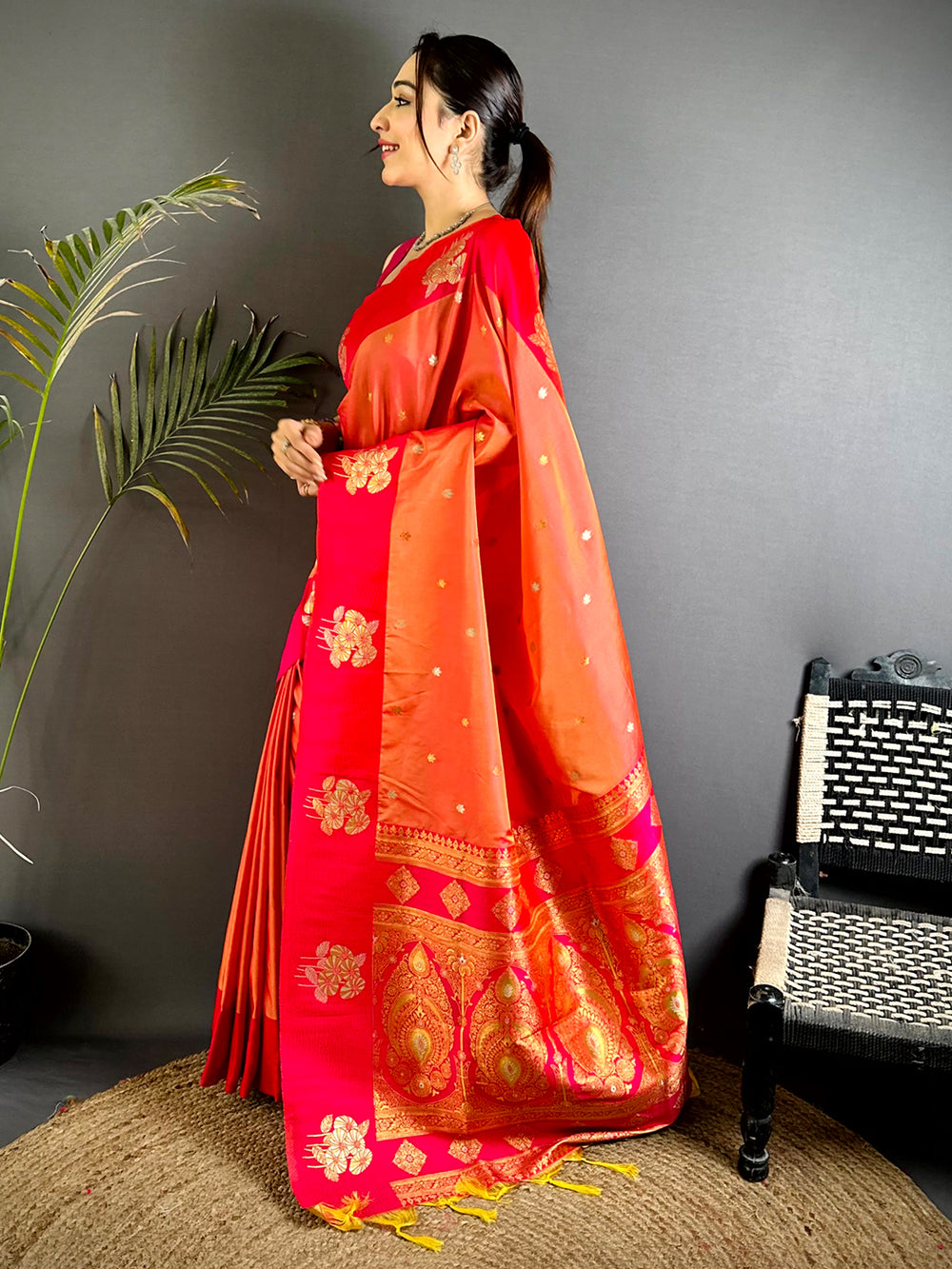 Orange & Red Banarasi Silk Saree with Golden Zari Weaving & Tassels