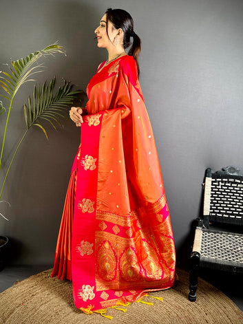 Orange & Red Banarasi Silk Saree with Golden Zari Weaving & Tassels