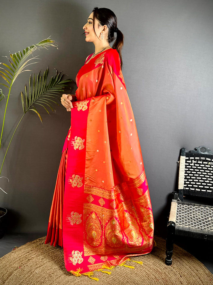 Orange & Red Banarasi Silk Saree with Golden Zari Weaving & Tassels
