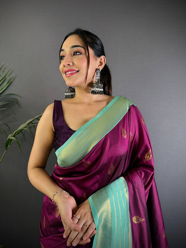Wine Purple Soft Silk Saree with Mint Green Silver Zari Border