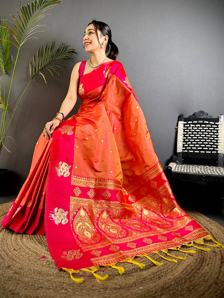 Orange & Red Banarasi Silk Saree with Golden Zari Weaving & Tassels