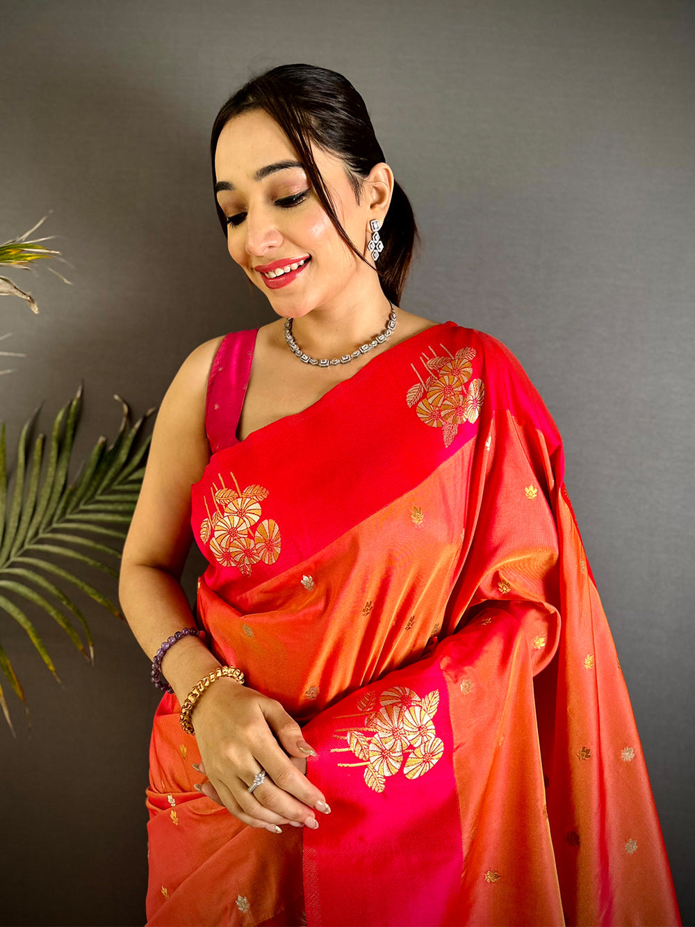 Orange & Red Banarasi Silk Saree with Golden Zari Weaving & Tassels
