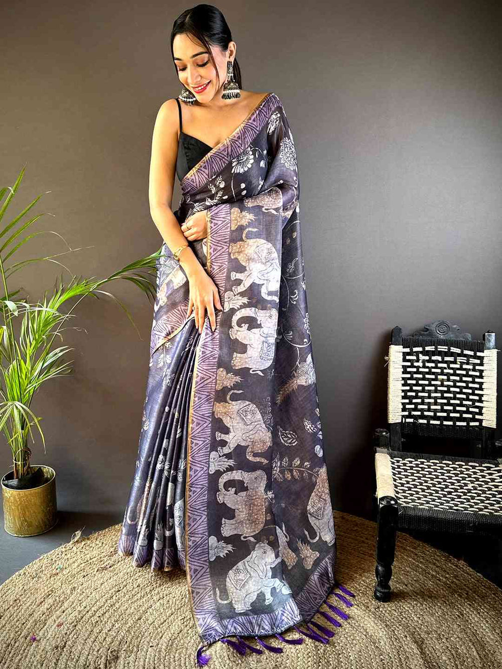 Grey Linen Silk Saree with Elephant Print & Purple Tassel Border