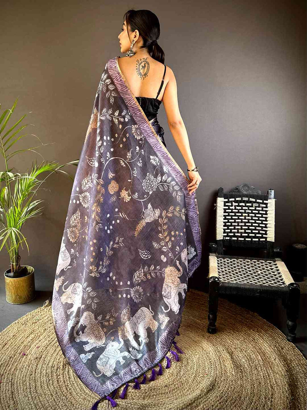 Grey Linen Silk Saree with Elephant Print & Purple Tassel Border
