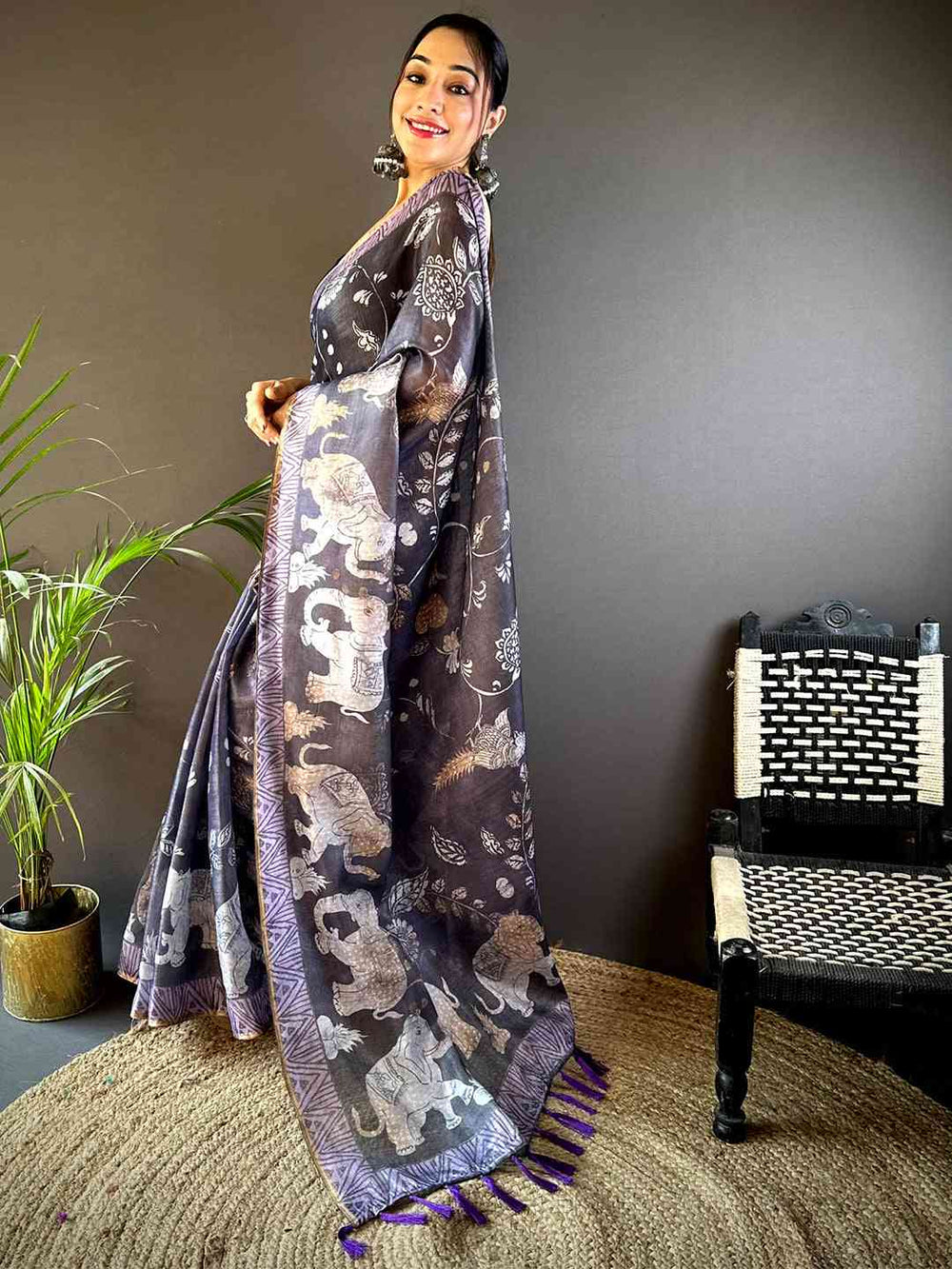 Grey Linen Silk Saree with Elephant Print & Purple Tassel Border