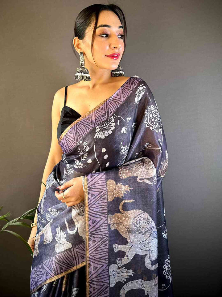Grey Linen Silk Saree with Elephant Print & Purple Tassel Border