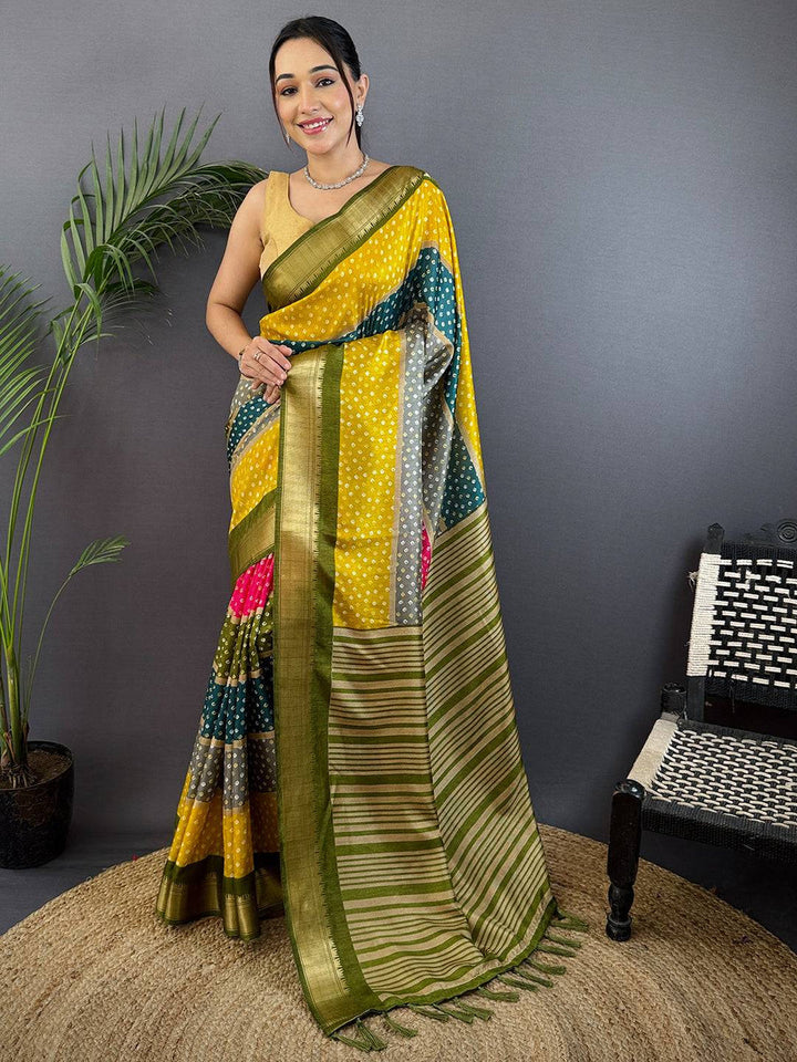 Yellow & Green Bandhani Print Silk Saree with Gold Zari Border