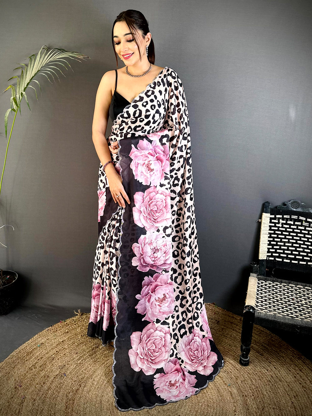 Leopard Print & Pink Floral Soft Georgette Saree with Scallop Border