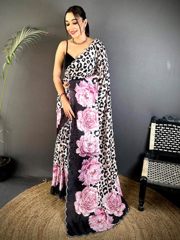Leopard Print & Pink Floral Soft Georgette Saree with Scallop Border