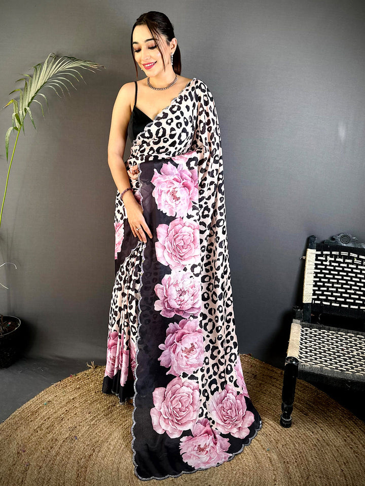 Leopard Print & Pink Floral Soft Georgette Saree with Scallop Border