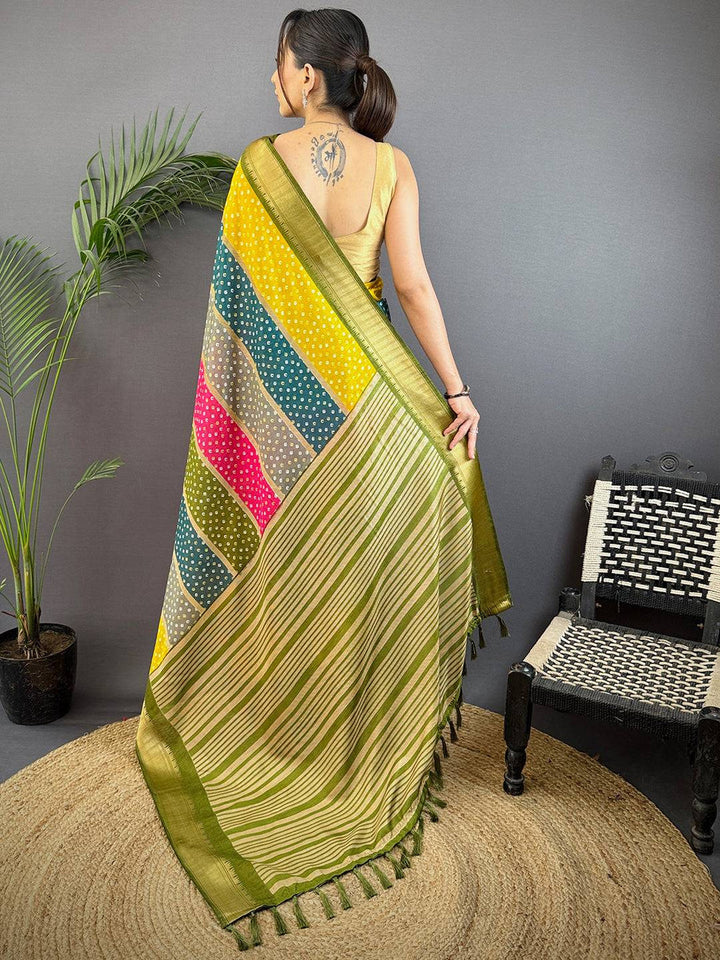 Yellow & Green Bandhani Print Silk Saree with Gold Zari Border