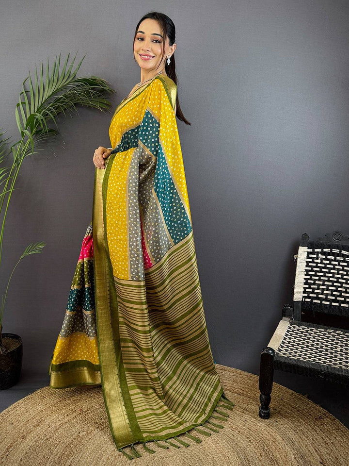 Yellow & Green Bandhani Print Silk Saree with Gold Zari Border