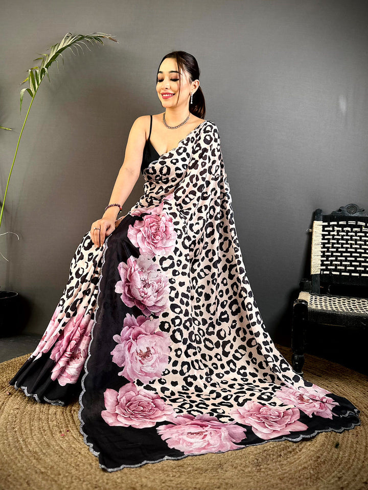 Leopard Print & Pink Floral Soft Georgette Saree with Scallop Border